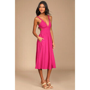 Lulus Bold New Look Magenta Tie-back Midi Dress With Pockets Pink - Size XS